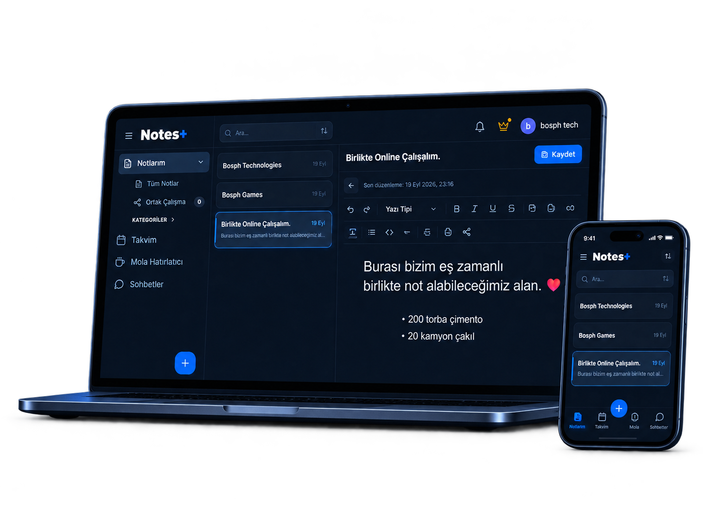Notes+ masaüstü ve telefon görünümü